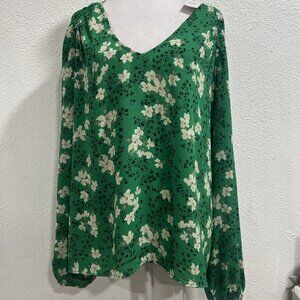 Loft Blossom Mixed Media V Neck Top Size XL Green Fairy cottage core preppy